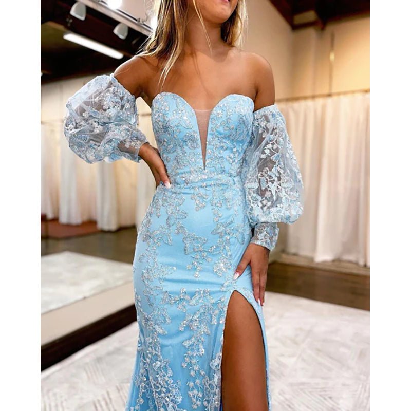 NumberSea - Charming Mermaid Sweetheart ligth Blue Sparkly Lace Long Prom Dresses with Sleeves