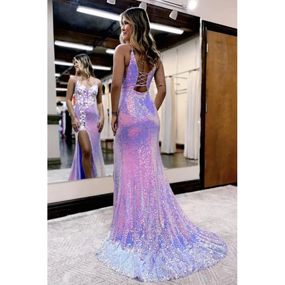 NumberSea - Charming Mermaid V Neck Lavender Sequins Long Prom Dresses with Appliques