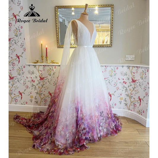 NumberSea - Chaste Print Flower Garden Bridal V Neck Princess Wedding Dress 2025 Vestidos Wedding Gowns Ball Gowns Custom Made NumberSea