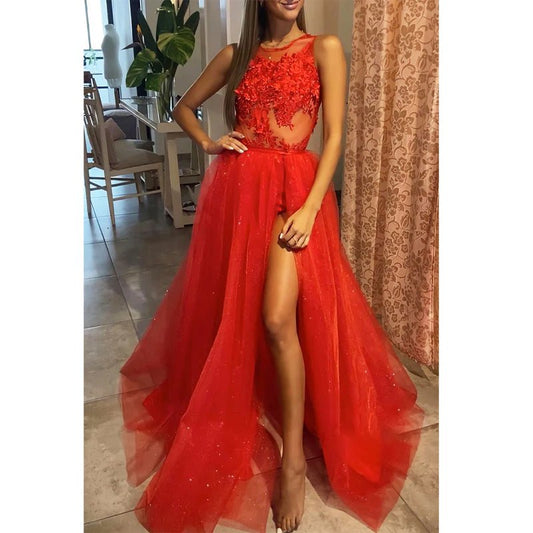 NumberSea - Chic Appliques Detachable Skirt Prom Dress with Slit