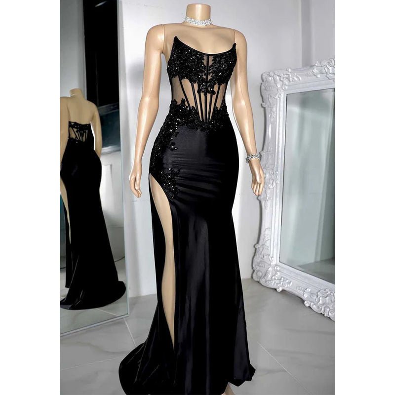 NumberSea - Chic Bateau Beaded Appliques Illusion with Side Slit Prom Evening Dress