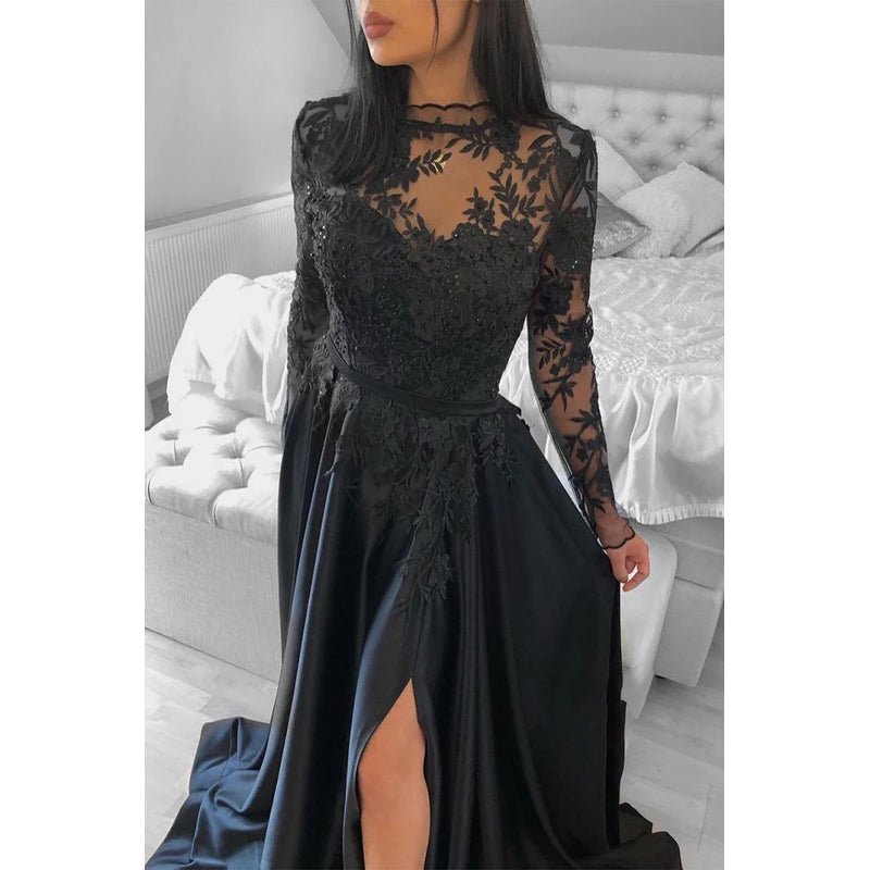 NumberSea - Chic Bateau Illusion Lace Long Sleeves High Split Black Formal Evening Gowns