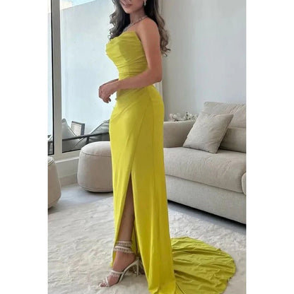 NumberSea - Chic & Elegant Off - Shoulder Sleeveless Ruched Slit Prom Dress