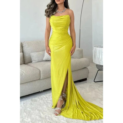 NumberSea - Chic & Elegant Off - Shoulder Sleeveless Ruched Slit Prom Dress