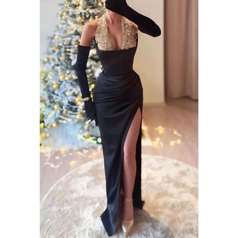 NumberSea - Chic Fitted Halter Empire Pleats with Side Slit Sequined Party Prom Evening Dress