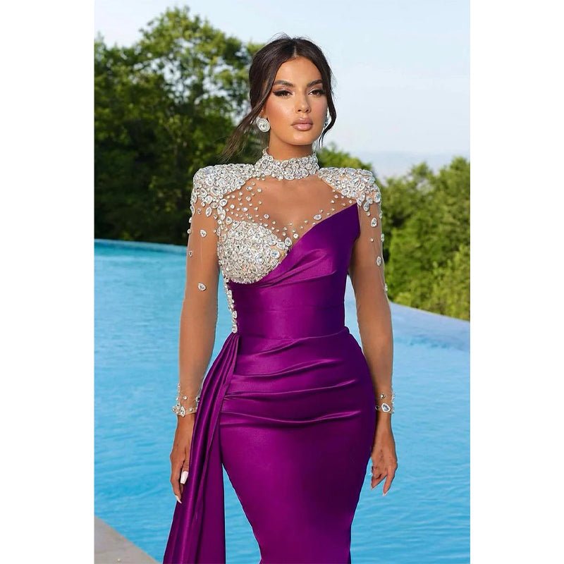 NumberSea - Chic Illusion Neckline Luxury Beads Long Sleeves Mermaid Prom Formal Dress