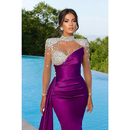 NumberSea - Chic Illusion Neckline Luxury Beads Long Sleeves Mermaid Prom Formal Dress