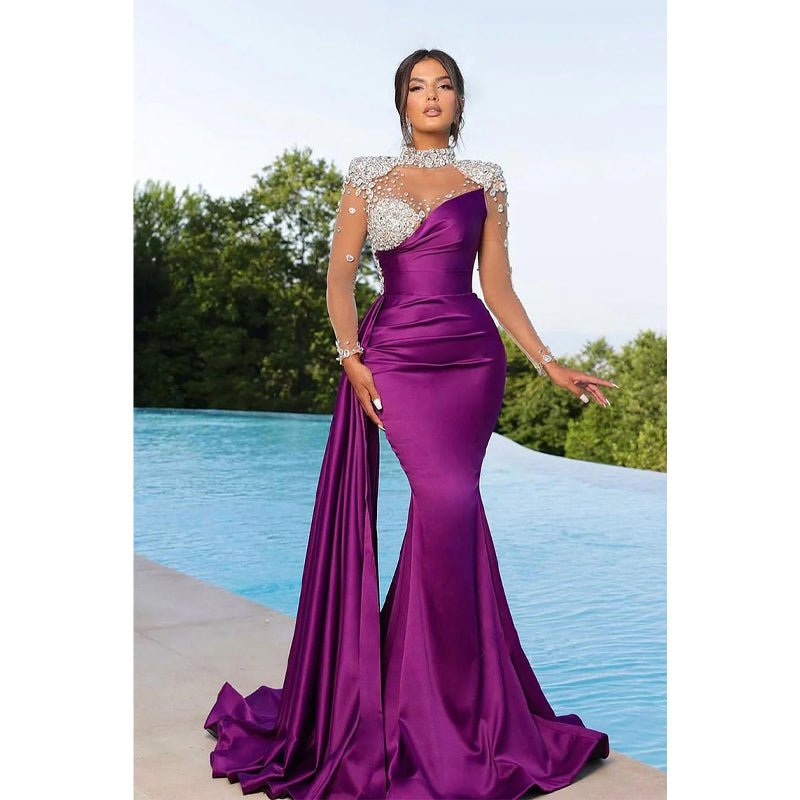 NumberSea - Chic Illusion Neckline Luxury Beads Long Sleeves Mermaid Prom Formal Dress