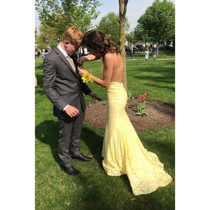 NumberSea - Chic Jewel Yellow Lace Mermaid Prom Dress Backless Formal Evening Gowns