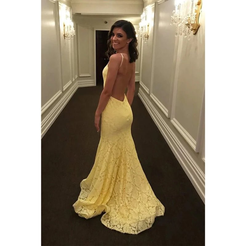 NumberSea - Chic Jewel Yellow Lace Mermaid Prom Dress Backless Formal Evening Gowns