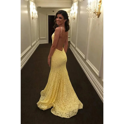 NumberSea - Chic Jewel Yellow Lace Mermaid Prom Dress Backless Formal Evening Gowns