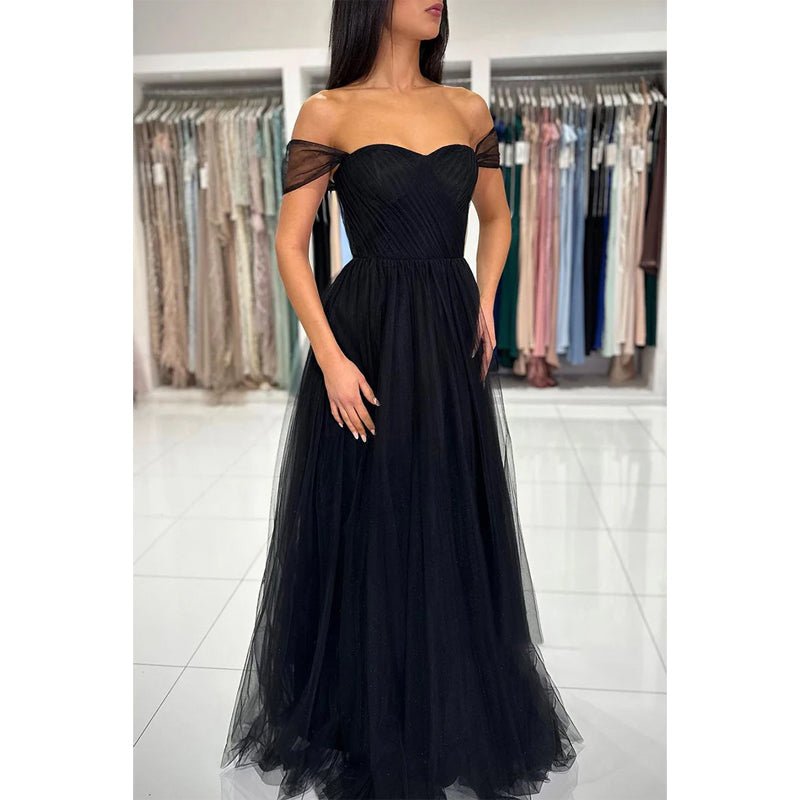 NumberSea - Chic & Modern A - line Off - shoulder Straps Black Tulle Long Prom Dress