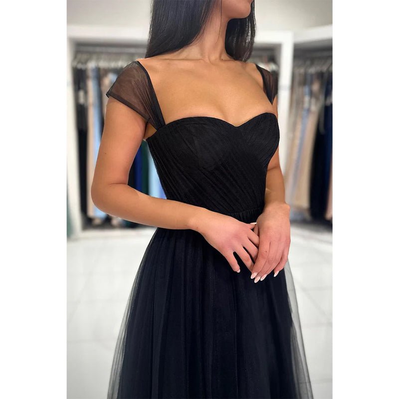 NumberSea - Chic & Modern A - line Off - shoulder Straps Black Tulle Long Prom Dress