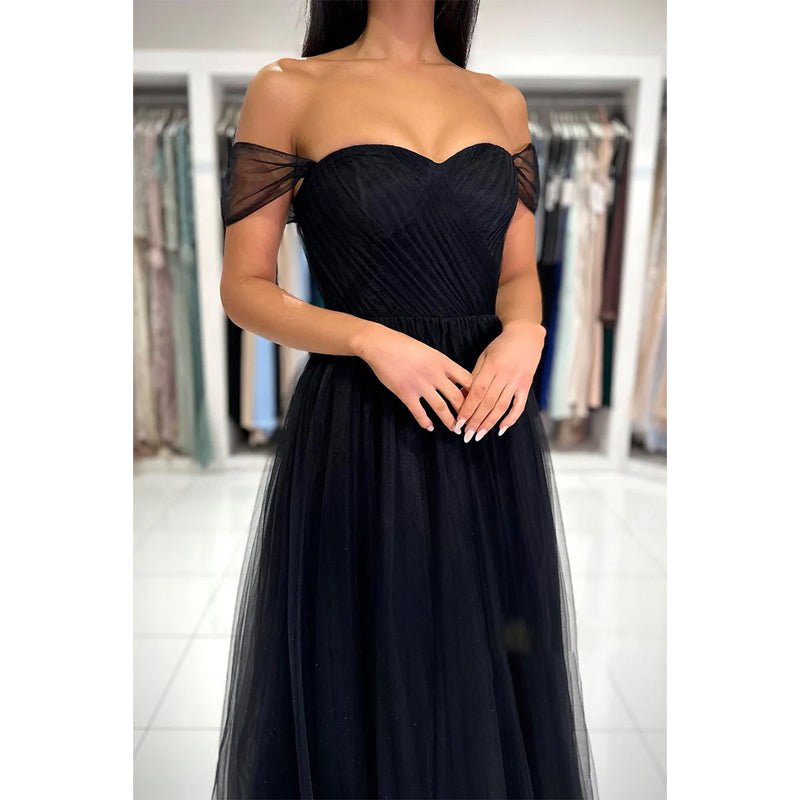 NumberSea - Chic & Modern A - line Off - shoulder Straps Black Tulle Long Prom Dress