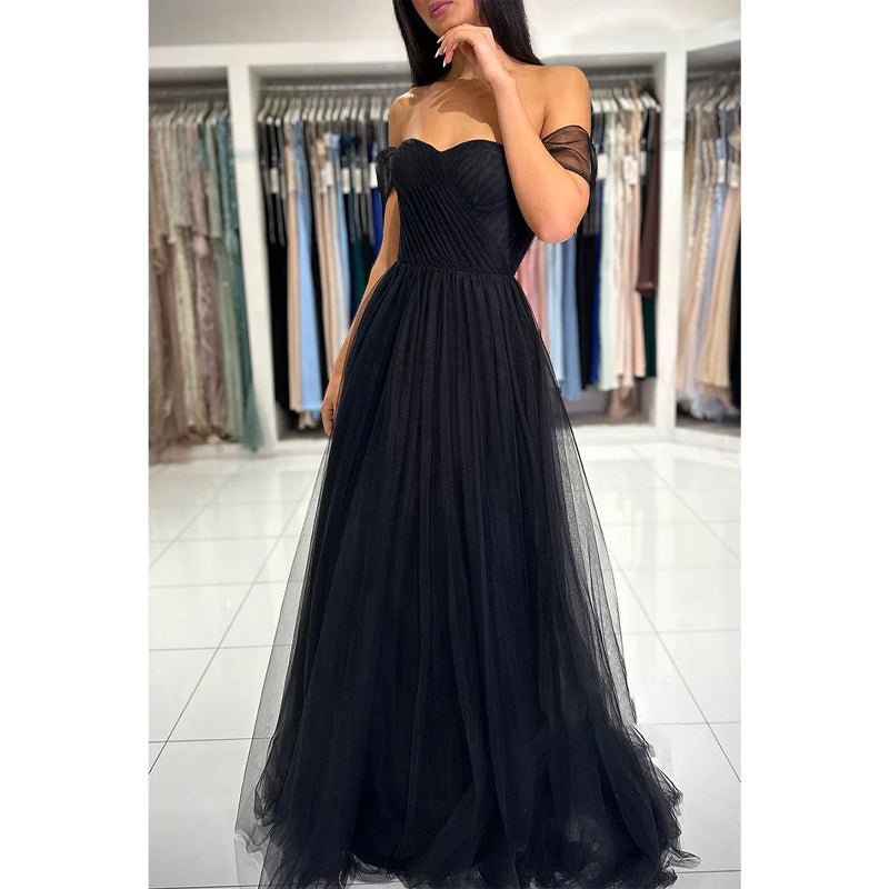 NumberSea - Chic & Modern A - line Off - shoulder Straps Black Tulle Long Prom Dress