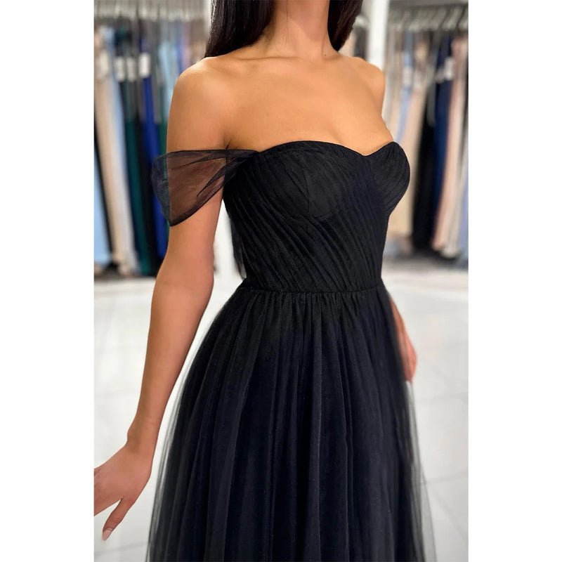 NumberSea - Chic & Modern A - line Off - shoulder Straps Black Tulle Long Prom Dress