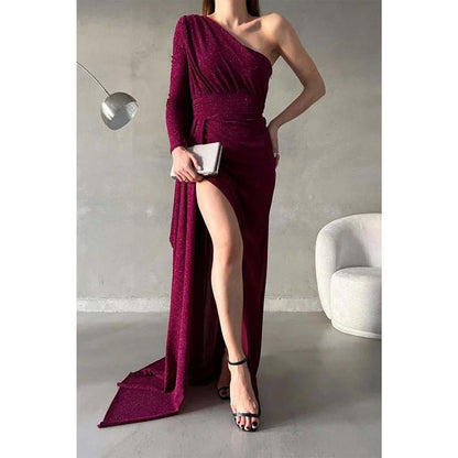 NumberSea - Chic & Modern Glitter One Shoulder Pleats Long Prom Dress with Train