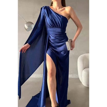 NumberSea - Chic & Modern Glitter One Shoulder Pleats Long Prom Dress with Train