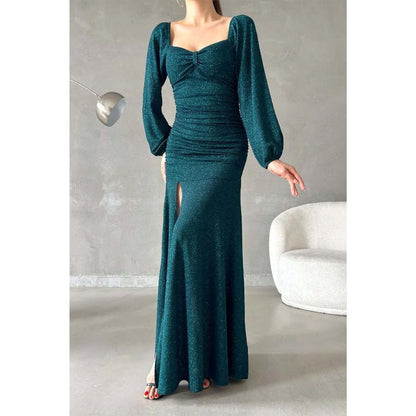 NumberSea - Chic & Modern Glitter Sweetheart Long Sleeves Side Slit Long Prom Dress