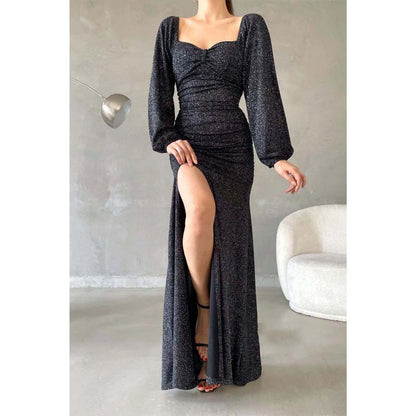 NumberSea - Chic & Modern Glitter Sweetheart Long Sleeves Side Slit Long Prom Dress