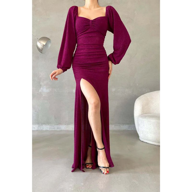 NumberSea - Chic & Modern Glitter Sweetheart Long Sleeves Side Slit Long Prom Dress