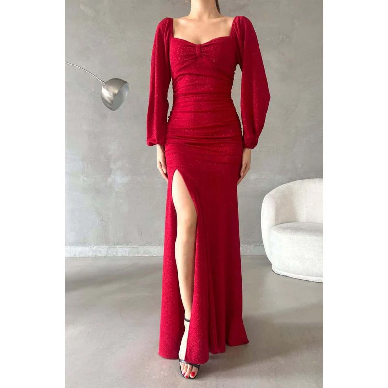 NumberSea - Chic & Modern Glitter Sweetheart Long Sleeves Side Slit Long Prom Dress