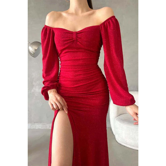 NumberSea - Chic & Modern Glitter Sweetheart Long Sleeves Side Slit Long Prom Dress