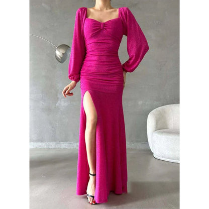 NumberSea - Chic & Modern Glitter Sweetheart Long Sleeves Side Slit Long Prom Dress