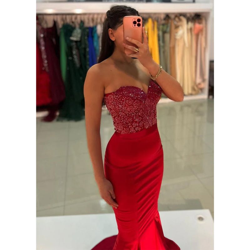 NumberSea - Chic & Modern Mermiad Strapless Red Beaded Sequins Satin Long Prom Dress