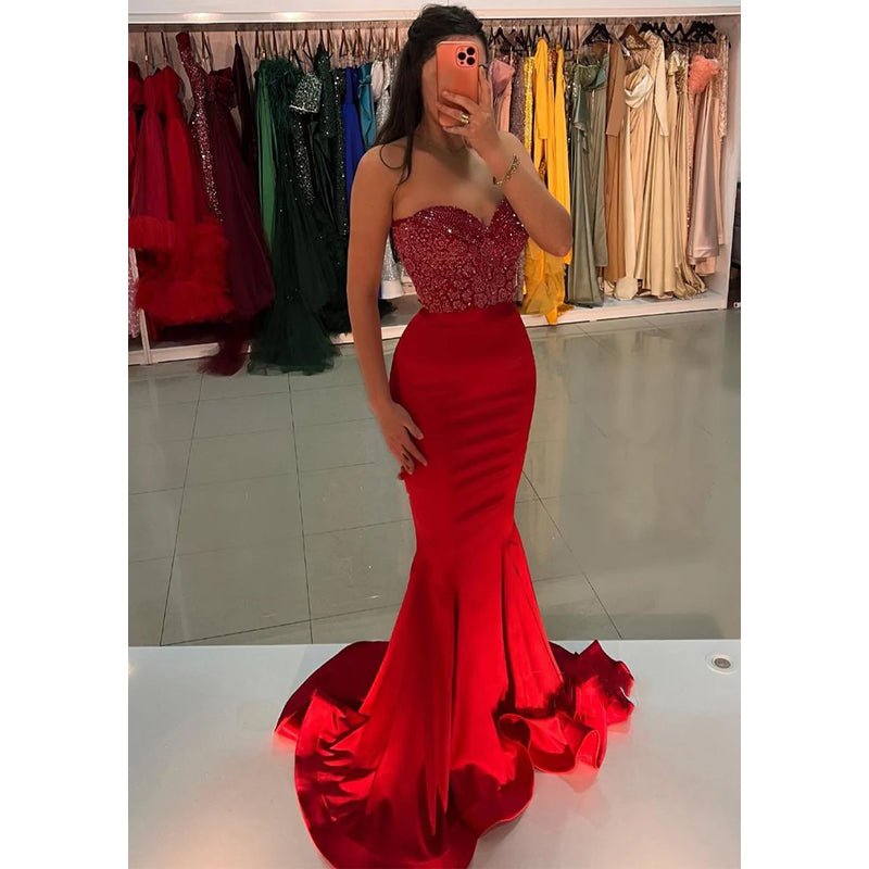 NumberSea - Chic & Modern Mermiad Strapless Red Beaded Sequins Satin Long Prom Dress