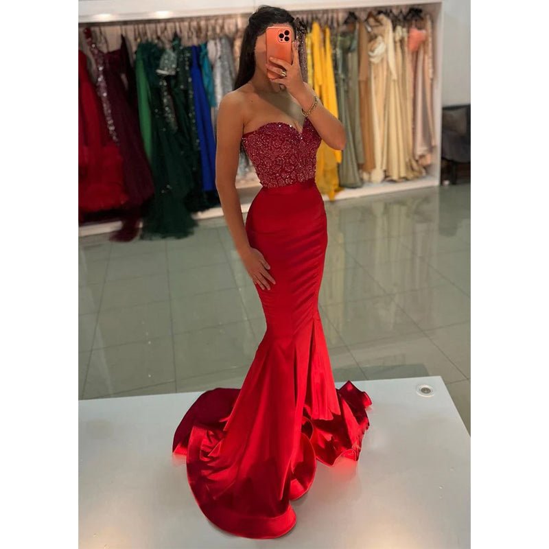 NumberSea - Chic & Modern Mermiad Strapless Red Beaded Sequins Satin Long Prom Dress