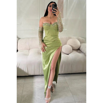 NumberSea - Chic & Modern Off - Shoudler Long Sleeves Side Slit Ruched Rhinestones Prom Dress