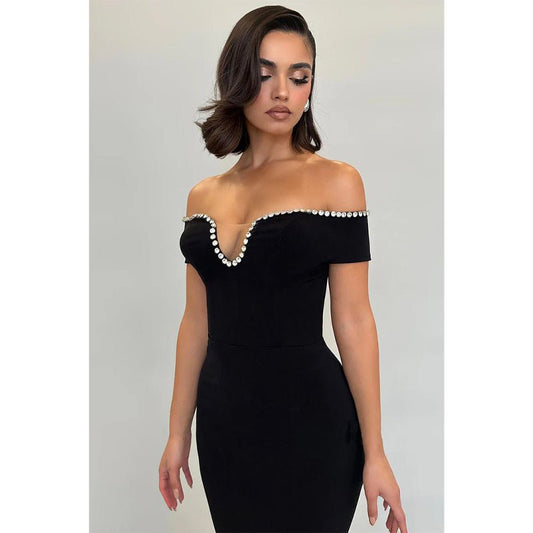 NumberSea - Chic & Modern Off - shoulder Beaded Black Long Prom Party Dress