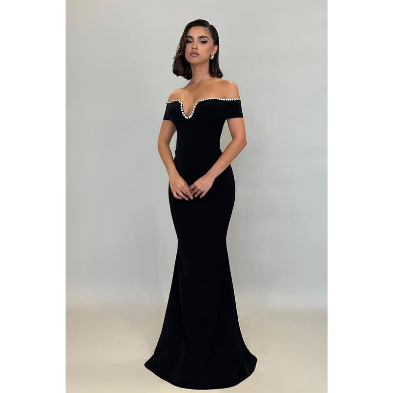 NumberSea - Chic & Modern Off - shoulder Beaded Black Long Prom Party Dress