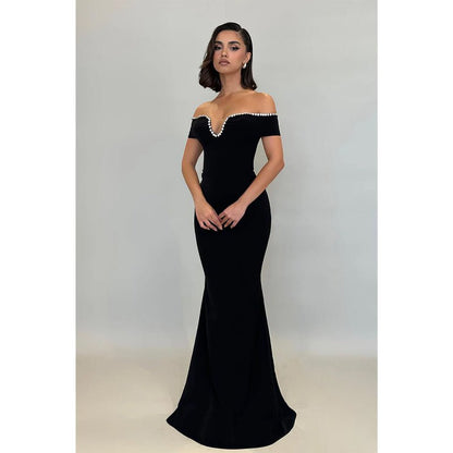 NumberSea - Chic & Modern Off - shoulder Beaded Black Long Prom Party Dress