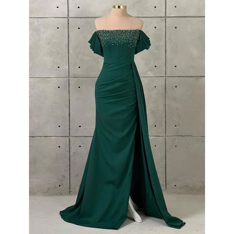 NumberSea - Chic & Modern Off - shoulder Beaded Satin Long Prom Evening Dress