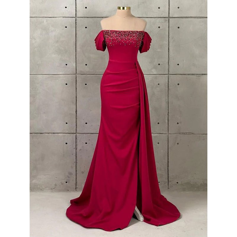 NumberSea - Chic & Modern Off - shoulder Beaded Satin Long Prom Evening Dress