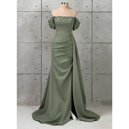 NumberSea - Chic & Modern Off - shoulder Beaded Satin Long Prom Evening Dress