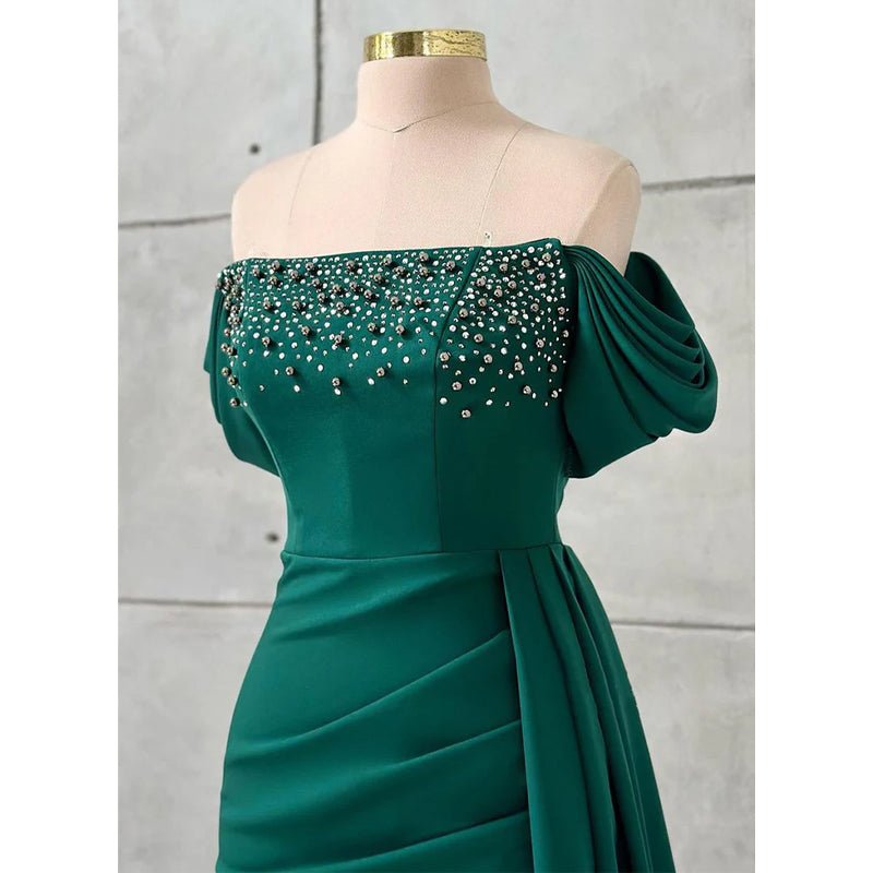 NumberSea - Chic & Modern Off - shoulder Beaded Satin Long Prom Evening Dress