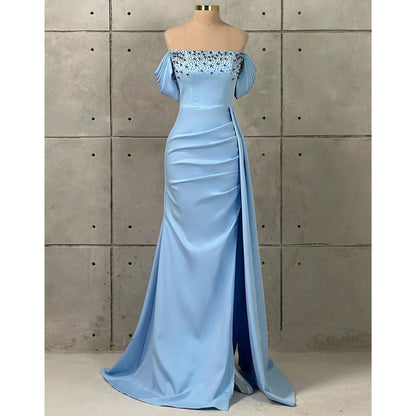 NumberSea - Chic & Modern Off - shoulder Beaded Satin Long Prom Evening Dress