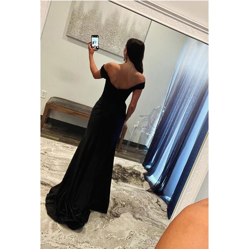 NumberSea - Chic & Modern Off - Shoulder Cap Sleeves Sheath Side Slit Evening Party Prom Dress