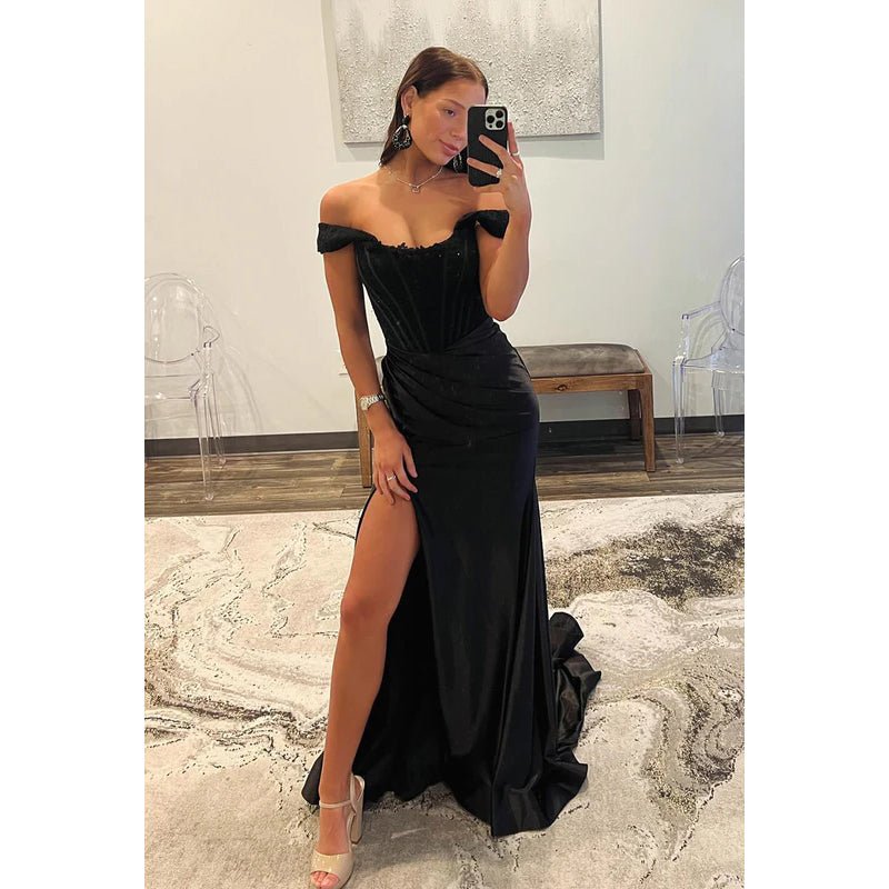 NumberSea - Chic & Modern Off - Shoulder Cap Sleeves Sheath Side Slit Evening Party Prom Dress