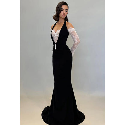 NumberSea - Chic & Modern Off - shoulder Halter Lace Sheer Satin Long Prom Dress