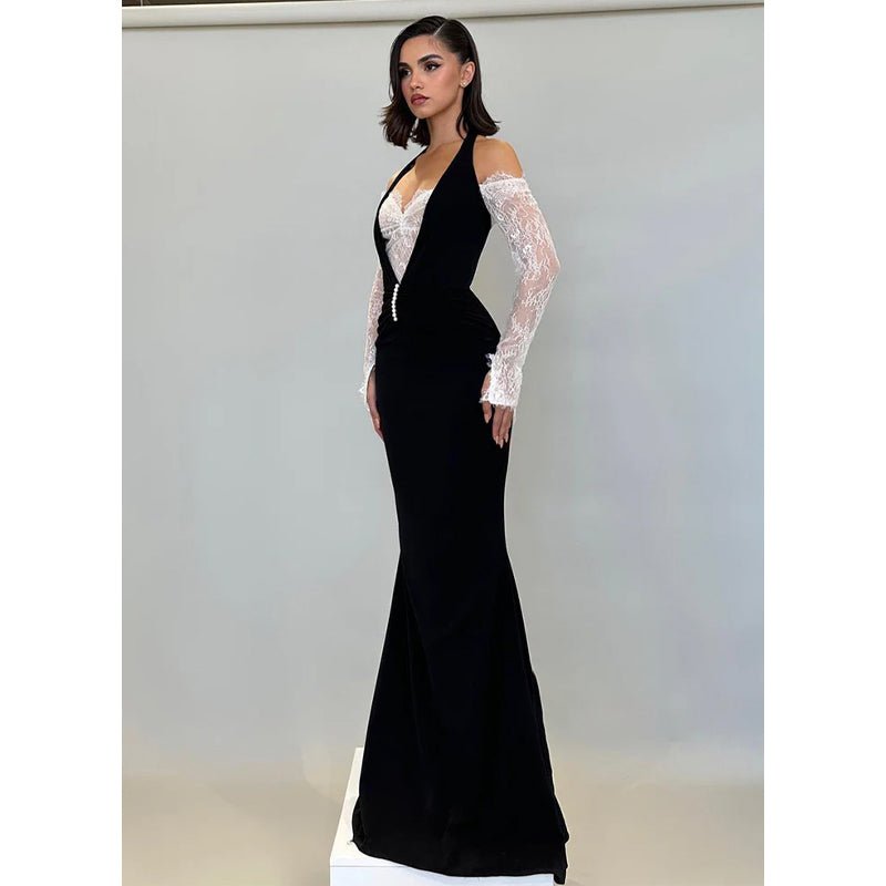 NumberSea - Chic & Modern Off - shoulder Halter Lace Sheer Satin Long Prom Dress