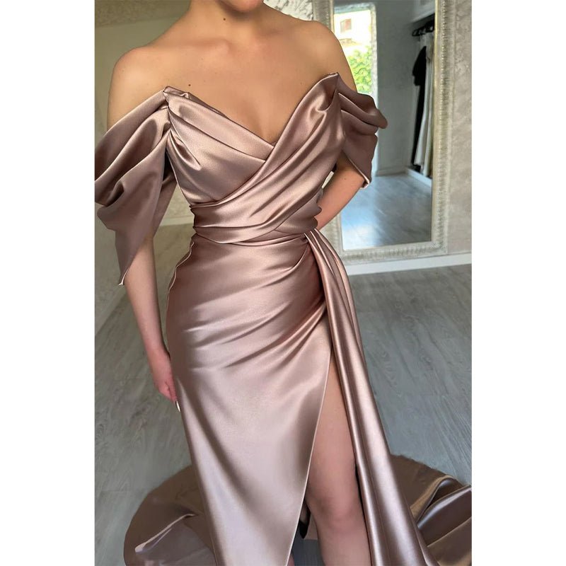 NumberSea - Chic & Modern Off - shoulder Pleats Satin Long Prom Dress Evening Gown