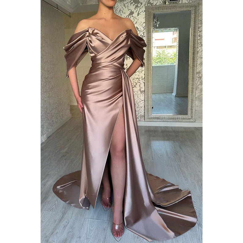 NumberSea - Chic & Modern Off - shoulder Pleats Satin Long Prom Dress Evening Gown