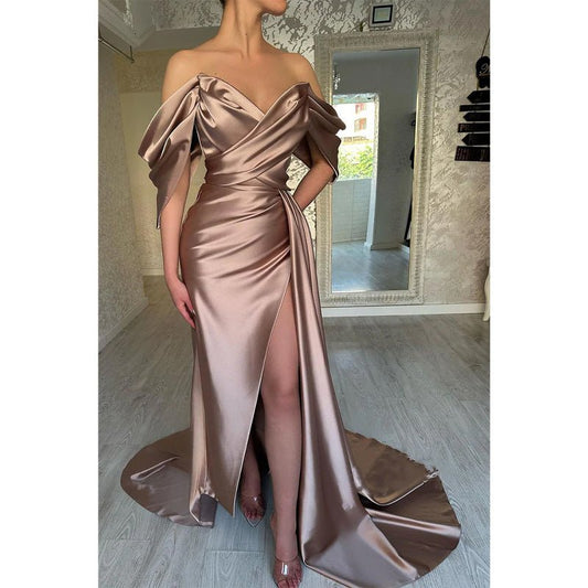 NumberSea - Chic & Modern Off - shoulder Pleats Satin Long Prom Dress Evening Gown