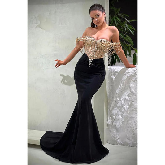 NumberSea - Chic & Modern Off - shoulder Velvet Beaded Sheer Long Formal Evening Dress