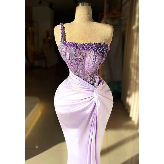 NumberSea - Chic & Modern One Shoulder Beaded Illusion Lilac Pleats Satin Prom Dress