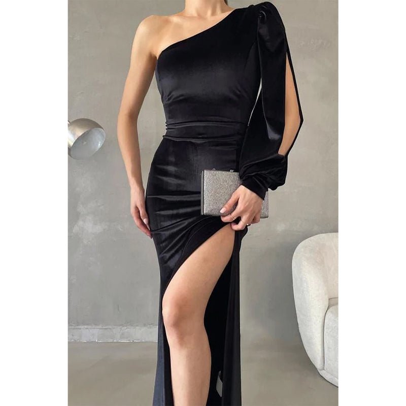 NumberSea - Chic & Modern One Shoulder Long Sleeves Evening Dress Prom Gown